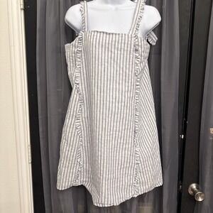 LJC Designs Blue White Striped Linen Ruffle Tie-Strap Mini Dress - XL